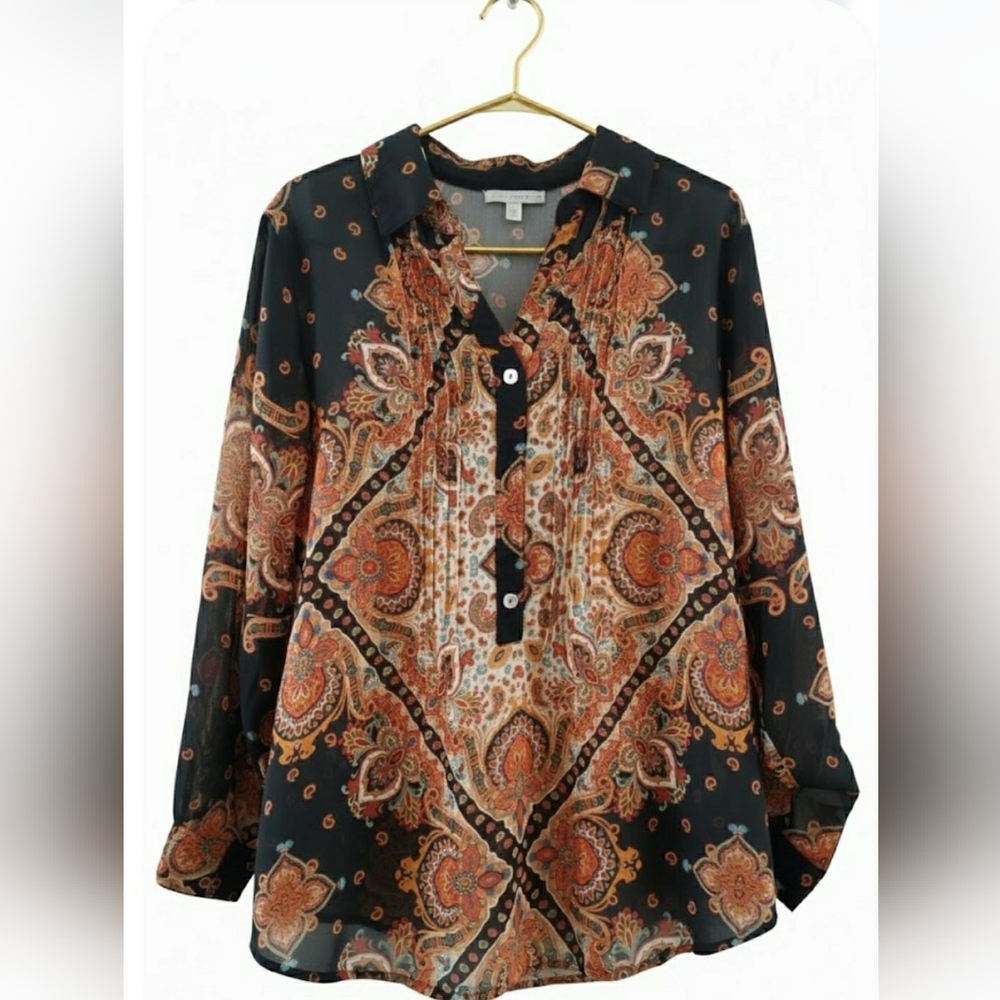 Whimsical 1X Boho Floral Paisley Pullover Casual Weekend Top New